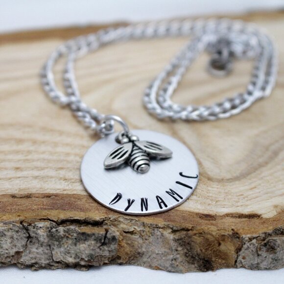 Bee Dynamic Hand Stamped Necklace - 18" Chain - Handmade & Hypoallergenic - Picture 6 of 6